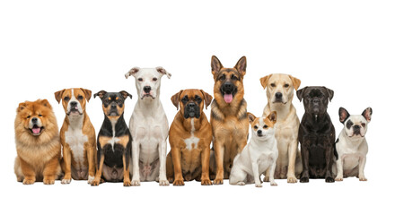 Diverse group of dogs with unique expressions against a clean white background