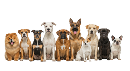 Diverse group of dogs with unique expressions against a clean white background