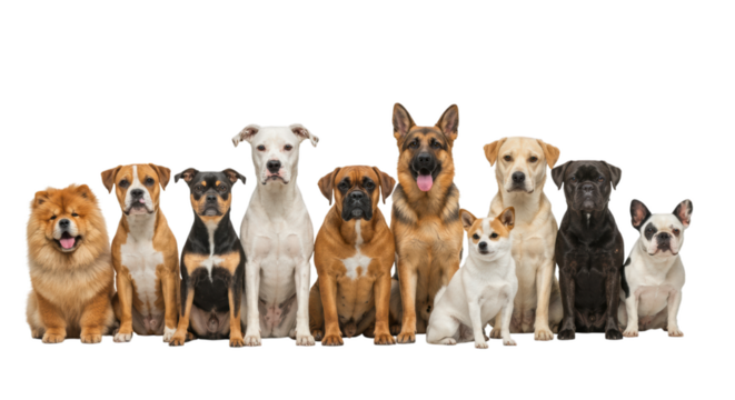 Diverse group of dogs with unique expressions against a clean white background