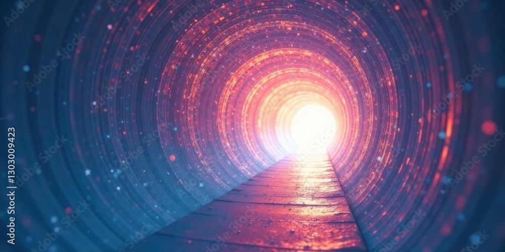 Poster a glowing circular tunnel leading to a bright light at the end of a path