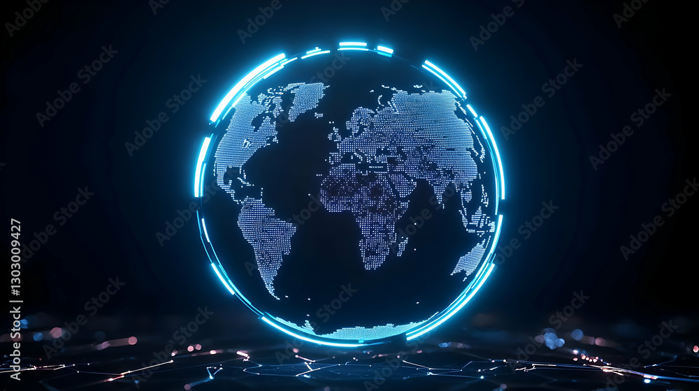 Poster glowing digital globe with data connections on dark background