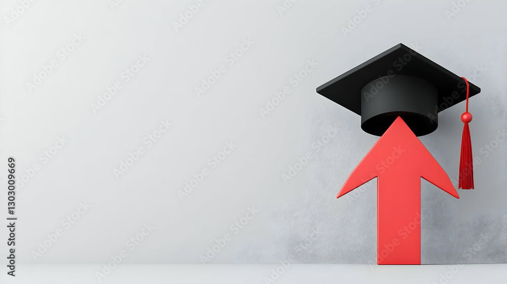 Poster graduation cap with red arrow pointing upward on minimalist background