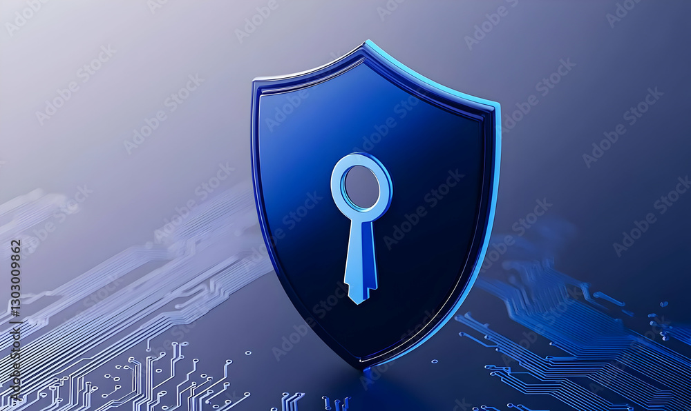 Poster shield with key symbol representing digital security and protection