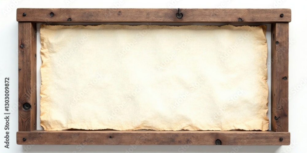Poster rustic wooden frame encasing aged parchment paper, ideal for displaying your message or artwork