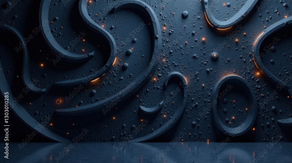 Poster abstract dark grey textured wall with illuminated curves and embedded lights