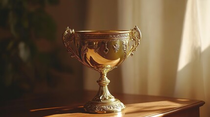 Golden Trophy on Wooden Table: A Symbol of Achievement and Excellence