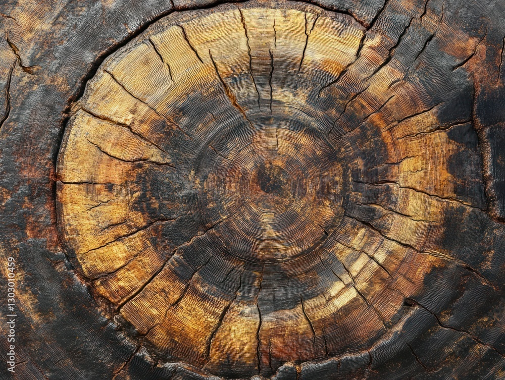 Aufkleber close-up of a weathered tree stump displaying intricate rings and textures