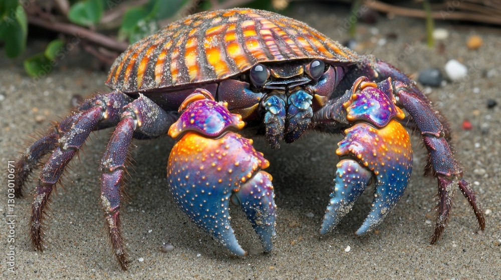 Poster a vibrant crab with colorful patterns on its shell, standing on sandy ground.