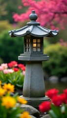 Fototapeta premium Stone lantern among colorful flowers in a traditional Japanese garden, lantern, colorful