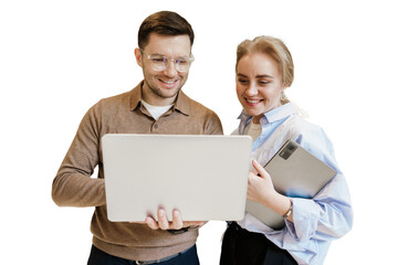Colleagues collaborating on a laptop while discussing ideas in a bright, modern office environment