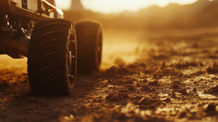 Offroad tires and vehicle wheels in dusty rural terrain during adventure travel