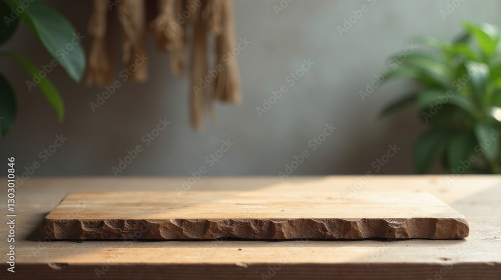 Poster rustic wooden board display on wooden table with soft natural light and blurred greenery background
