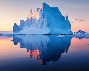 Iceberg reflected in the calm waters of the ocean at sunset, with birds flying in the sky, symbolizing the beauty and fragility of the polar environment