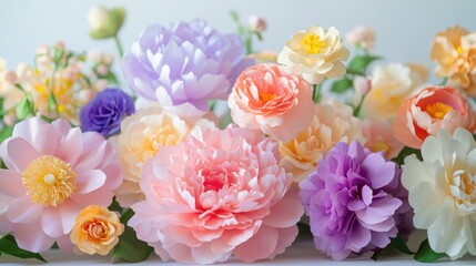 Fototapeta premium A vibrant arrangement of large, blooming flowers in shades of pink, peach, and blue.