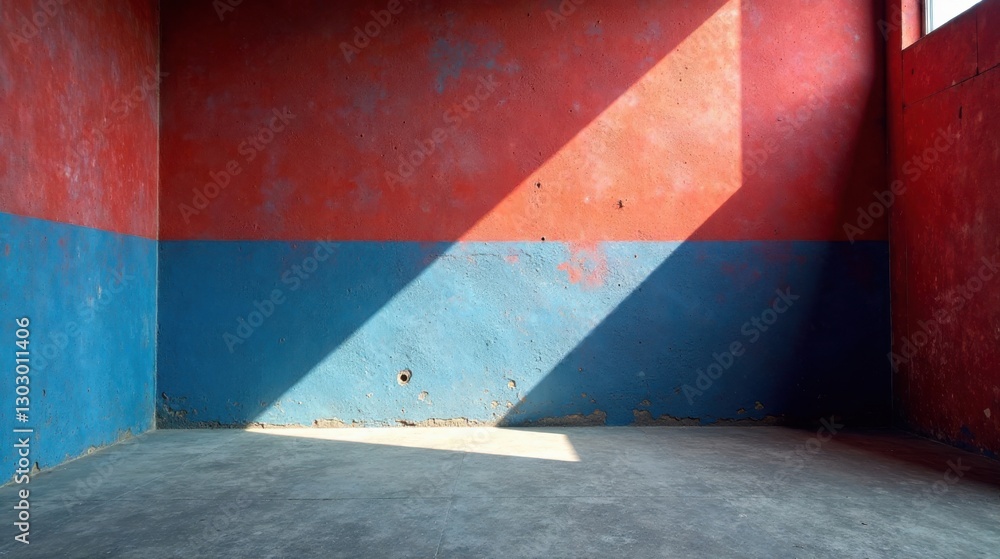 Poster sunlit room with distressed walls in two tones of blue and red