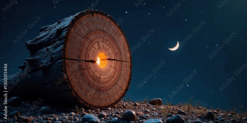 Poster illuminated tree trunk at night under starry sky with crescent moon