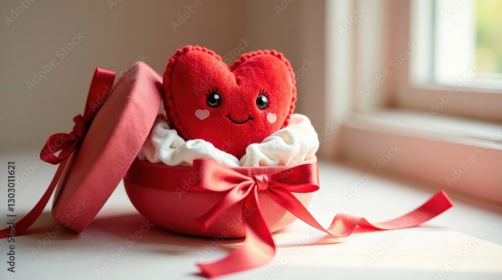 Poster a cheerful heart-shaped plush toy nestled inside a crimson gift box adorned with a delicate red ribb
