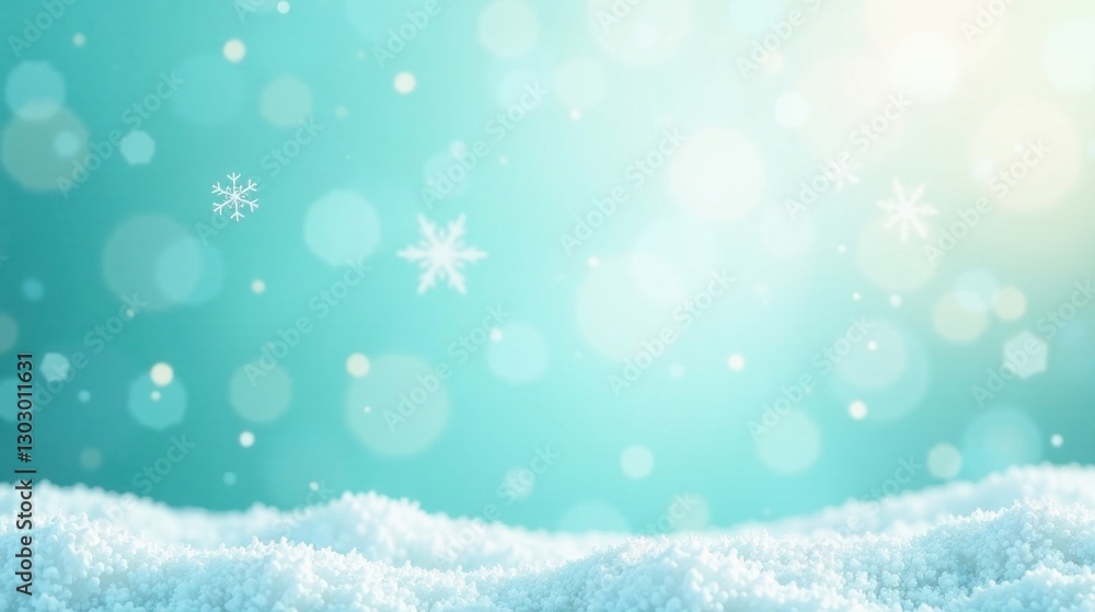 Poster serene winter scene sparkling snowdrift against a soft teal background with delicate falling snowfla
