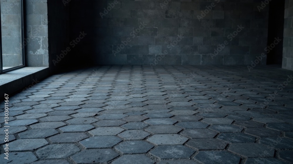 Poster a dimly lit interior space features a hexagonal stone tile floor and a gray block wall, sunlight str