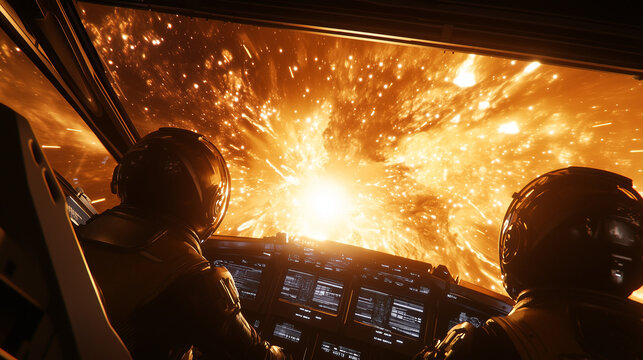 Aircraft cockpit view with pilots during a fiery aviation emergency scenario