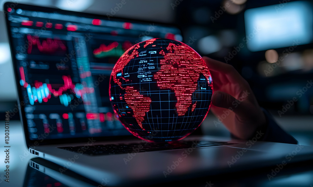 Poster digital globe concept with chart analysis on laptop screen