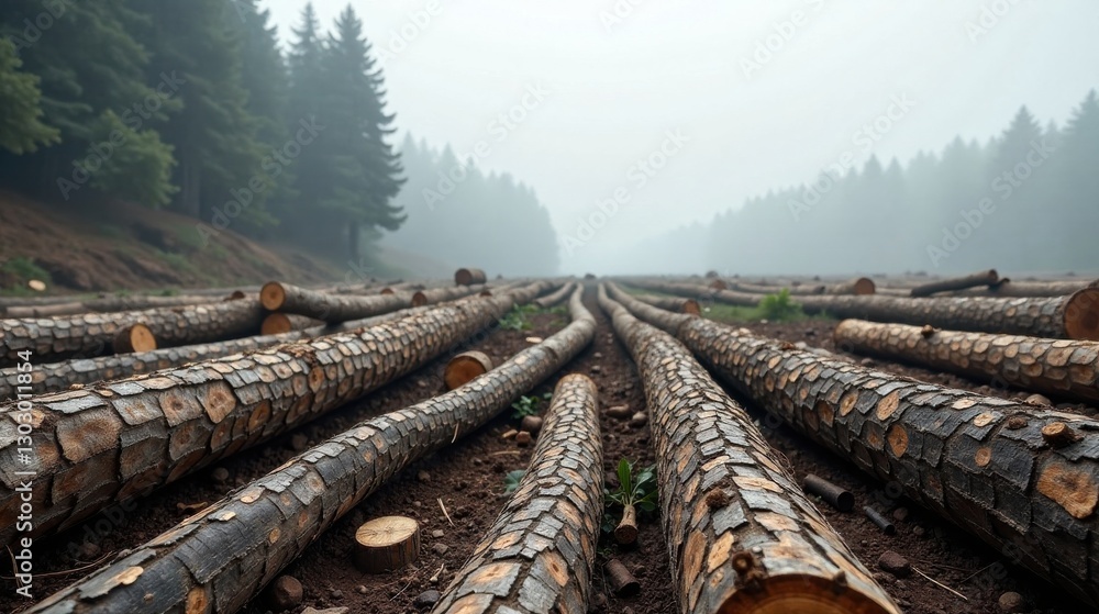 Poster rows of felled logs in a misty forest, awaiting transport and processing for various uses.