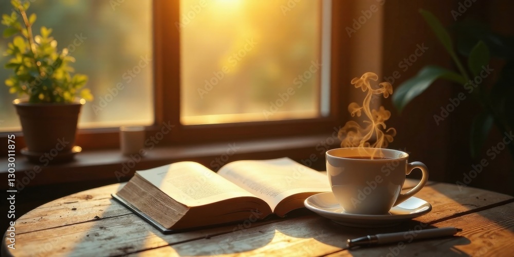 Poster serene morning scene featuring a steaming cup of tea, an open book resting on a rustic wooden table,