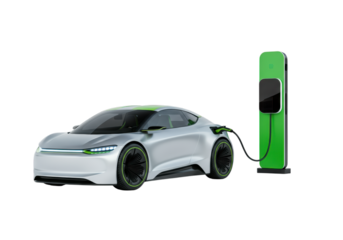 Futuristic electric car charging at a vibrant green station ready for sustainable driving