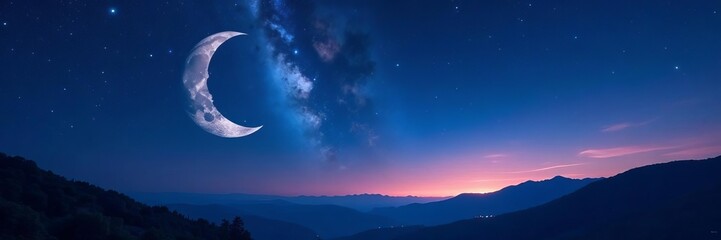Fototapeta premium Stunning night sky with twinkling stars and crescent moon in the background, peaceful, astronomy