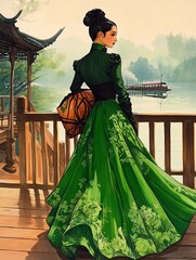 A girl in a green long skirt and black blouse with a large handbag stands on a pier, waiting for a ship, immersed in the atmosphere of calm and anticipation of a journey.