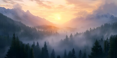 Obraz premium Serene Sunrise Over Misty Valley with Lush Forests and Majestic Mountains in Ultra HD Quality