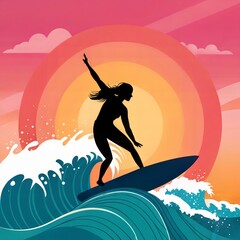 Silhouette of woman surfing on waves at sunset background
