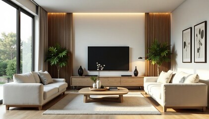 Stylish living room with sleek wooden furniture, minimalist decor, aesthetic, interior