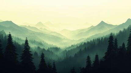 Obraz premium The Mountain Landscape of Pine Forests Shrouded in Morning Mist: A Natural Background