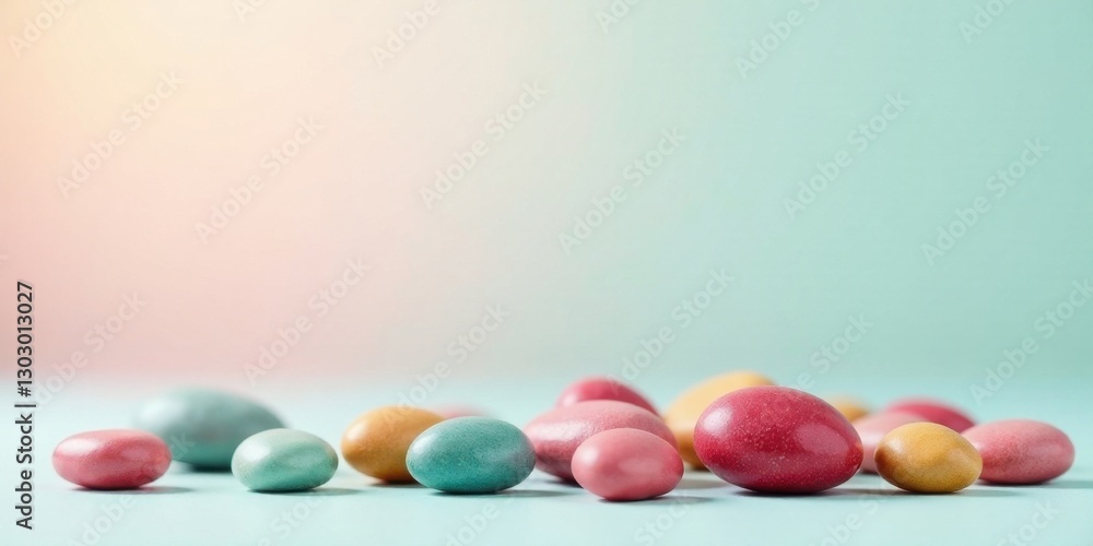 Poster pastel-colored candy eggs arranged on a light-blue surface against a soft, blurred background create