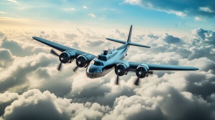 Breathtaking wide angle perspective of wwii aircraft flying amidst dramatic cloudscapes