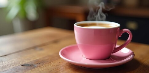 Fototapeta premium Stylish pink mug with steaming coffee on wooden surface, mug, cozy