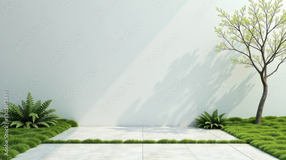 Poster serene minimalist patio design with lush greenery and subtle sunlight shadows against a blank wall