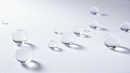 Macro Close-up of Transparent Water Droplets on a Smooth White Surface, Capturing Purity and Freshness