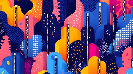 Flat illustration of National Zipper Day, featuring a playful scene of zippers opening to reveal colorful patterns and textures, with a harmonious blend of vibrant and soft tones