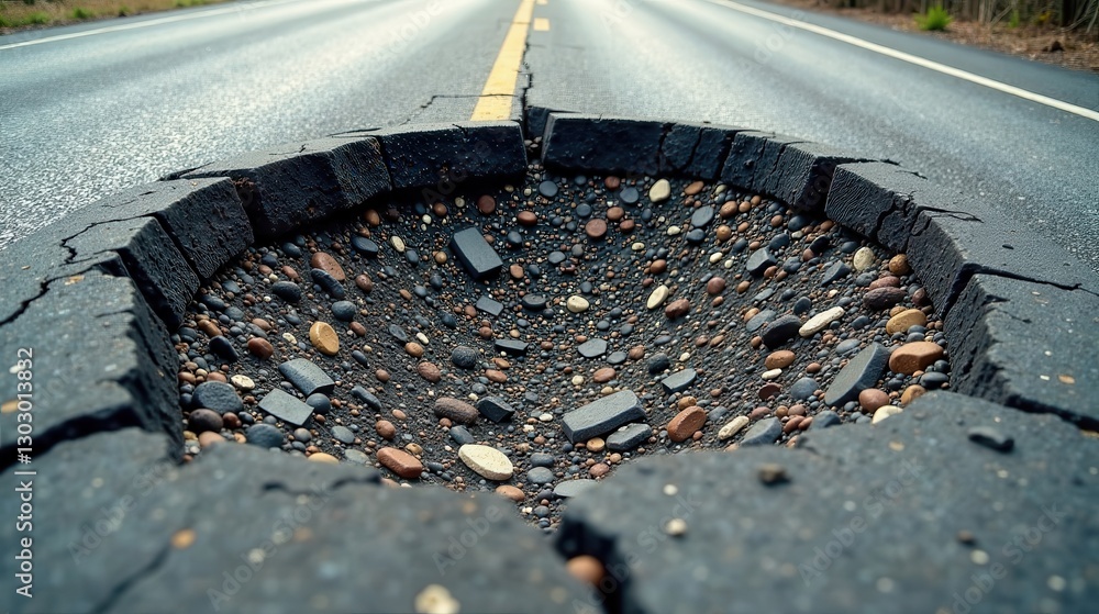 Poster A large pothole filled with various sized stones on a paved road surface showing significant cracking and deterioration