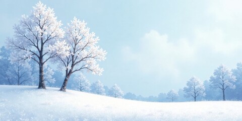 Obraz premium Serene Winter Landscape Featuring Two Snow-Covered Trees on a Gently Sloping Hillside, Under a Pale Blue Sky