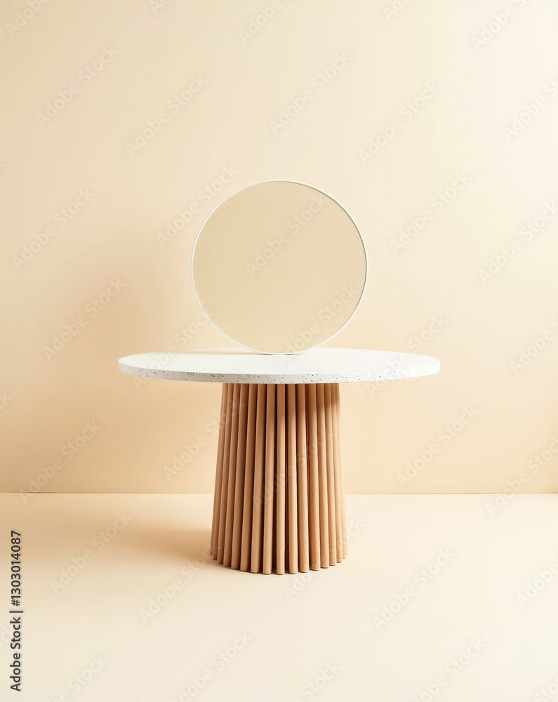Poster minimalist round table with a speckled white top and a fluted wooden base topped with a circular mir