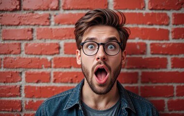 Astonished expression of a stylish man against a textured brick background