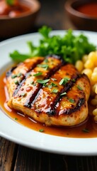 Succulent grilled chicken steak drenched in savory sauce on white plate, grilled, dinner