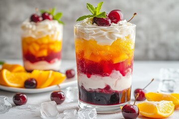 Vibrant and colorful layered dessert dirty sodas in various flavors with layers of cream, fruit sauce, cherry pieces, mint leaves, orange slices, and ice cubes