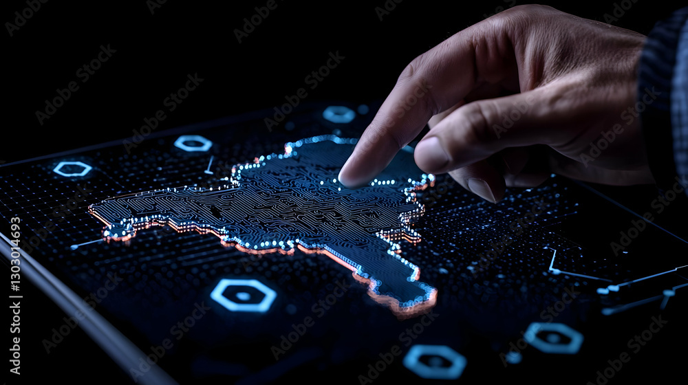 Poster touch interaction on digital map with hands technology in dark setting
