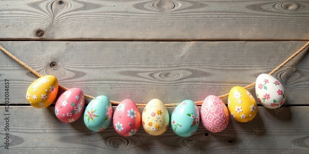 Poster pastel easter eggs adorned with floral designs hang from a twine against a rustic wood backdrop, cre