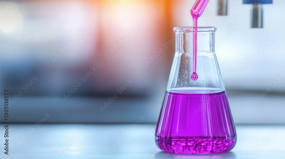 Poster laboratory titration concept. close up of process with purple solution in glassware