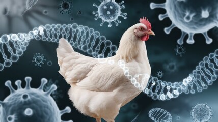 A chicken with a transparent genetic code floating behind it. The genetic code consists of floating genes and genomes. Viruses and bacteria are present in the background.